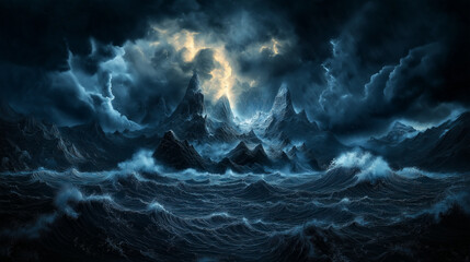 Obraz premium Stormy Seascapes: A dramatic digital painting of a stormy seascape with jagged mountain peaks shrouded in dark clouds, illuminated by a single lightning bolt. The scene evokes a sense of power.