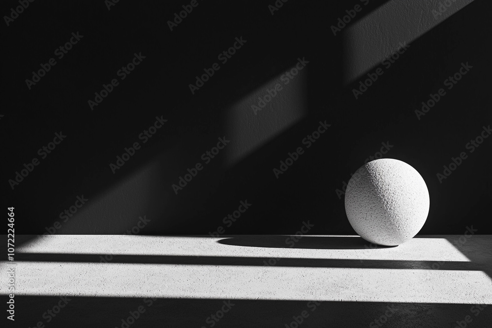 Poster abstract composition of a textured sphere on a surface with shadows
