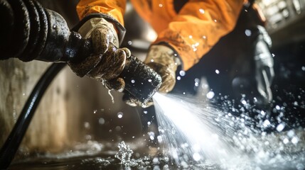 Worker Cleaning Sewer With High Pressure Water Jet.