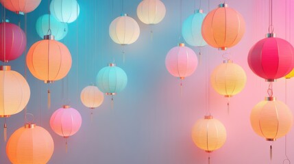 New Year lights and lanterns flat design top view cultural theme 3D render colored pastel 