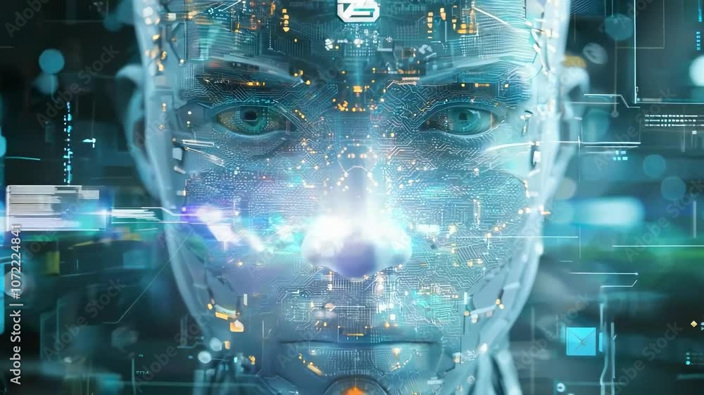 Poster futuristic humanoid robot with digital interface and glowing circuits