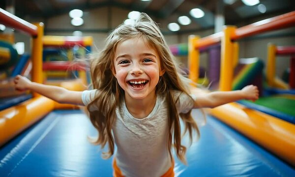 A joyful girl playing in a bounce house, arms outstretched.