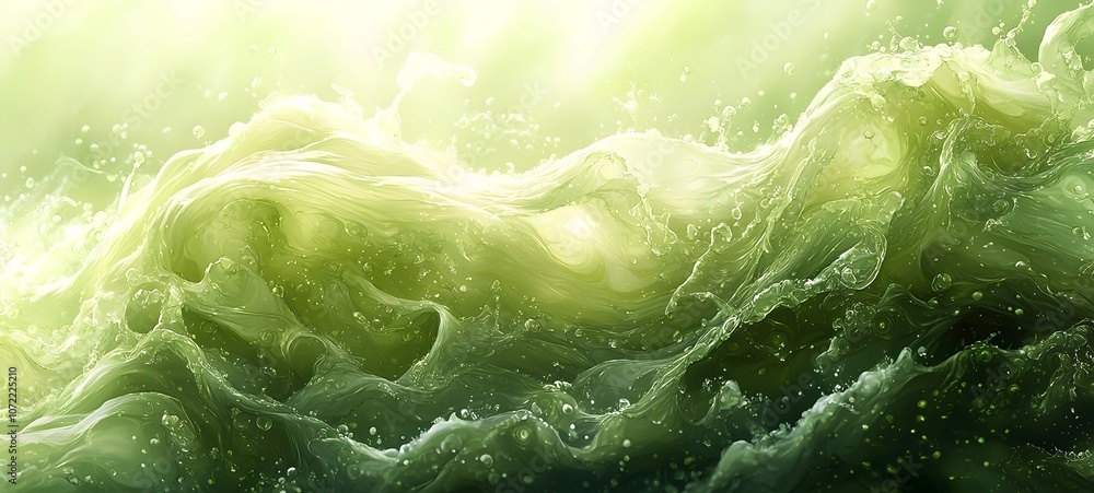 Poster a mesmerizing close-up of vibrant green ocean waves, illuminated by soft light, showcasing a dynamic
