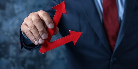 Businessman holding red arrows pointing in different directions. Decision-making and strategy concept.