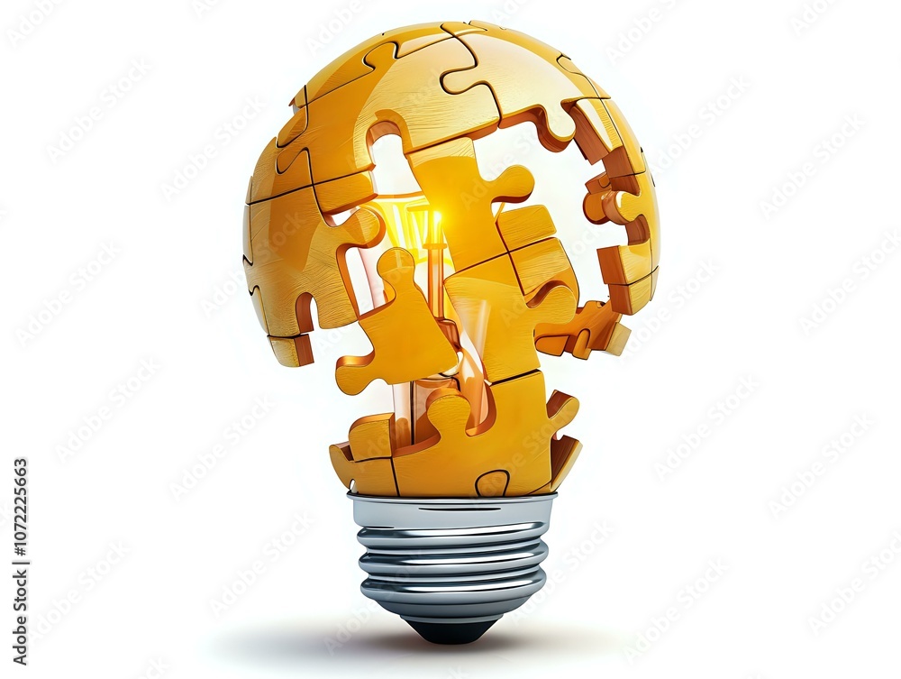 Poster light bulb made from golden jigsaw puzzle pieces symbolizing creative problem solving and innovation