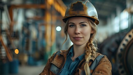 Portrait of confident young female industrial worker wearing hard hat and protective vest in factory environment perfect for workforce diversity and manufacturing themes.