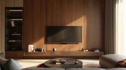 Modern Living Room with Wooden Wall