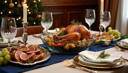 Festive Holiday Table Setting with Roasted Turkey and Vegetables