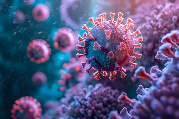 Artistic visualization of viral particles in vibrant blue and purple hues against dark background, perfect for medical publications, scientific presentations and healthcare materials.