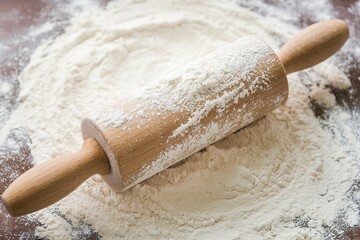 a wooden rolling pin covered in a white, powdery flour.