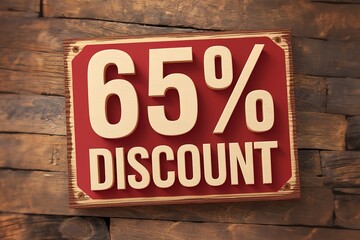 a wooden sign with the text 65% Discount.