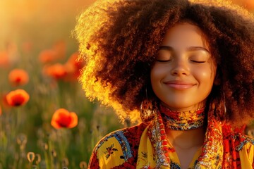 Backlit Portrait of calm happy smiling woman with closed eyes enjoying a beautiful moment of life in a poppy fields at sunset .