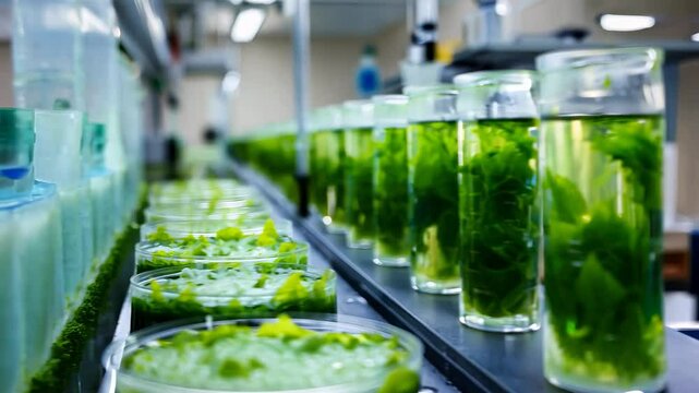 Vibrant green algae cultivation in laboratory setting for research and development