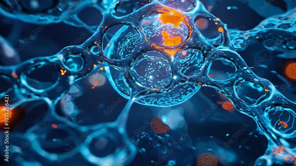 Poster abstract microscopic view of colorful bubbles and glowing particles in blue background