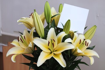 A bouquet of beautiful yellow lilies with a blank greeting card