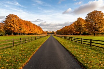 A serene, tree-lined road with vibrant autumn foliage and a clear blue sky, inviting peaceful walks among nature's beauty.