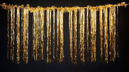 A decorative garland made of shiny gold streamers, ideal for celebrations and festive events.
