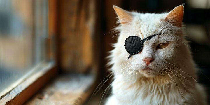 White cat wearing an eye patch