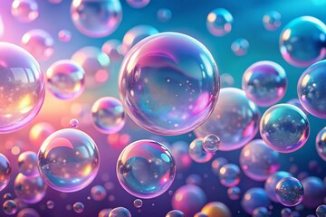 Enchanting 3D Rendering of Colorful Iridescent Bubbles Against a Dreamy Pink and Blue Gradient Background for Captivating Low Light Photography