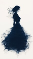 Fototapeta premium Elegant silhouette illustration of a woman in a flowing gown, evoking mystery and grace. Perfect for fashion, art, and abstract concepts.