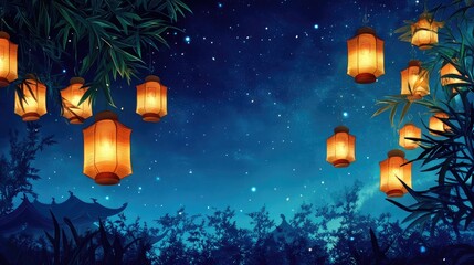 Fototapeta premium Traditional lanterns glowing in a serene night sky, creating a peaceful, festive New Year atmosphere 