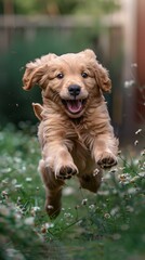 Obraz premium A cute golden retriever puppy is running in a field of flowers