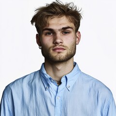 Fototapeta premium portrait of a young man with facial hair wearing a blue button-down shirt