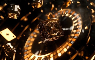 Fototapeta premium 3D Casino Elements with Cards and Dice on Dark Background