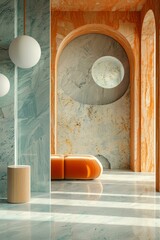 Obraz premium Modern Interior Design with Orange Sofa and Marble Walls