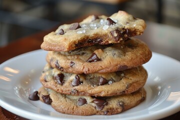 A stack of four chocolate chip cookies on a white plate