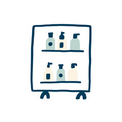 Store Shelves of Cosmetics Bottle isolated on white background. Vector illustration in naive hand drawn style