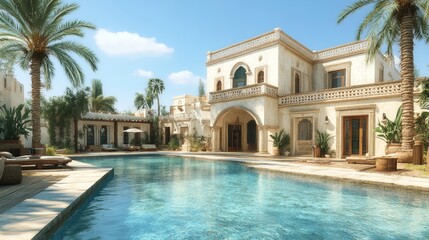 Fototapeta premium A beautiful white villa with a swimming pool and palm trees in the background.