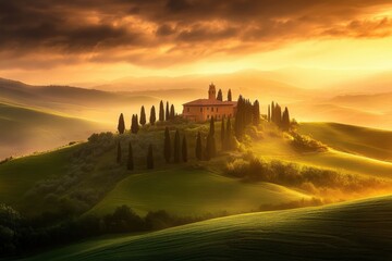 Obraz premium Stunning sunset over a picturesque tuscan landscape with a historic villa and cypress trees