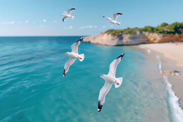 Bird day. A dynamic photo of seagulls gliding gracefully over a clear blue sea near a sandy shore, capturing the essence of freedom and the beauty of coastal nature.