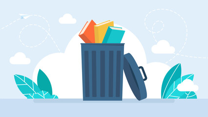 Books in the trash can. Cartoon illustration of a hardcover books sticking out of a garbage can full of rotting trash. The concept of illiteracy, education. Vector illustration