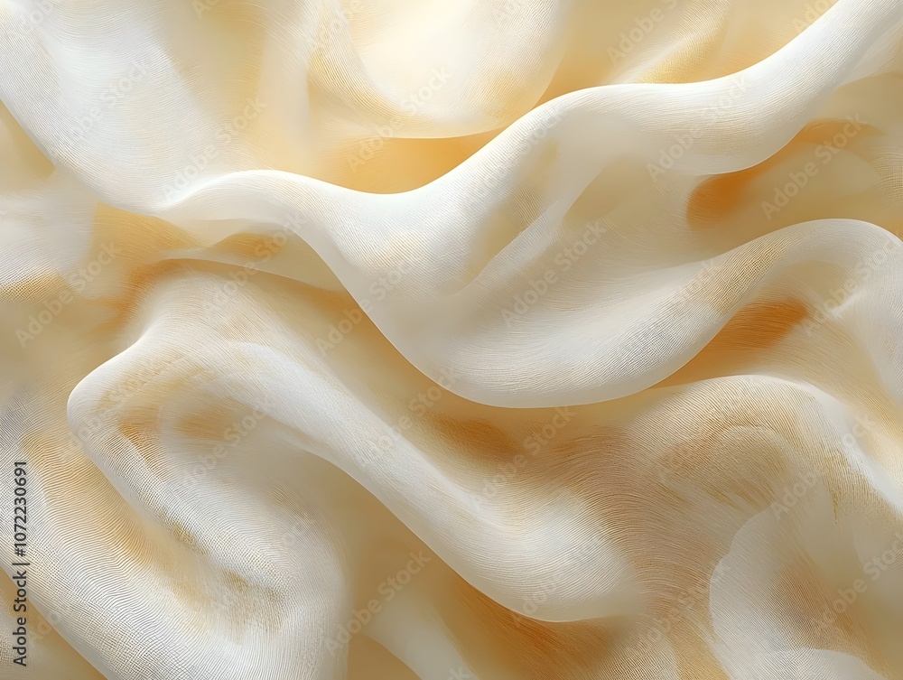 Poster an elegant display of soft, flowing fabric in gentle cream and beige tones, creating a serene and in