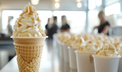 Close-Up of Soft Ice Cream in Waffle Cones on Production Line, Creamy Texture with Crouton Pieces