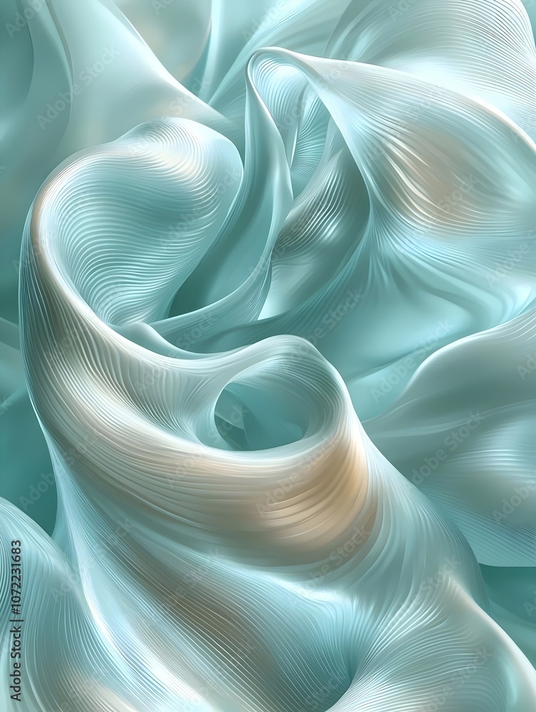 Aufkleber an abstract composition of flowing, translucent fabric in soft shades of turquoise and cream, creati