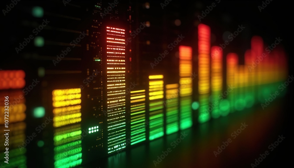 Poster colorful audio equalizer bars in neon lights on a reflective surface, concept of music and sound vis