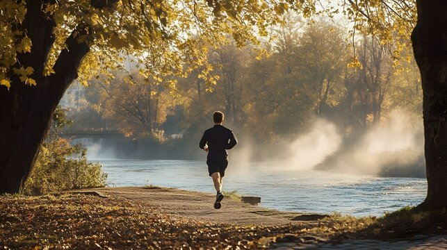 Man Running on Path by River in Autumn