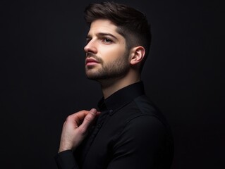 Obraz premium Serious man in black suit looking away
