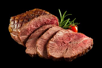 a sliced piece of roasted meat with a rich, pinkish hue in the center.