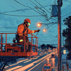 An electrician in reflective gear works on a streetlight in a cherry picker as dusk settles over a busy road, highlighting the importance of electrical maintenance in urban life
