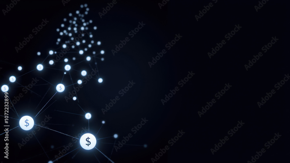 Aufkleber image of a network with icons representing cryptocurrency transactions.