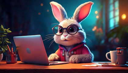 Cute Bunny - big glasses geek with laptop and coffee