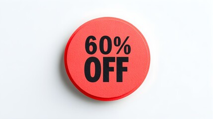 Black '60% OFF' Text on a Red Round Paper Note. White Background with Copy Space