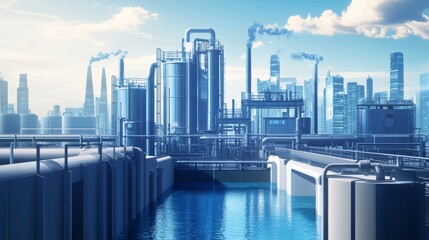 Industrial Cityscape with Water Reservoir.