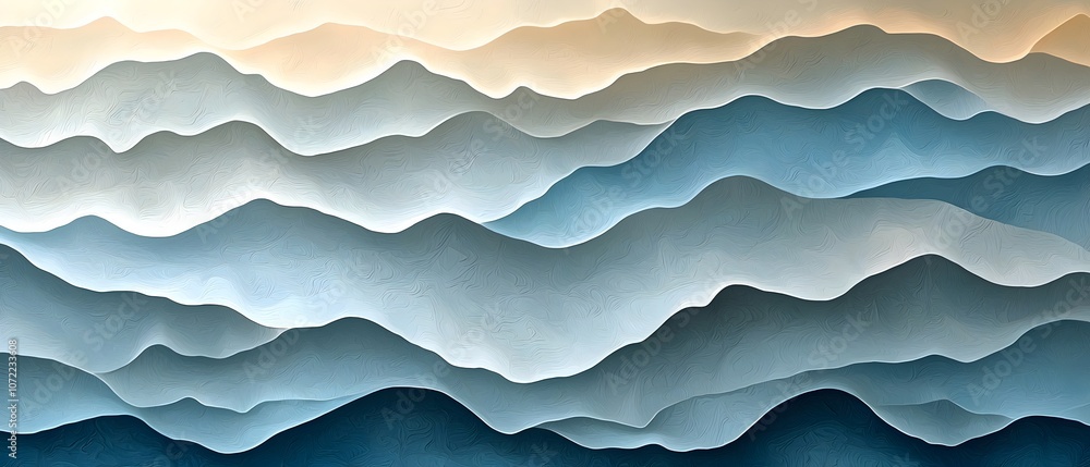 Poster an abstract landscape featuring wavy layers of soft blue and cream colors, creating a serene and cal