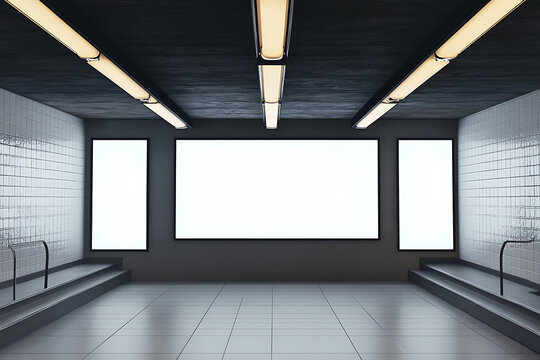 Modern underground passage with empty mock up banners, ceiling lamps and stairs. Subway tile wall. 3D Rendering.