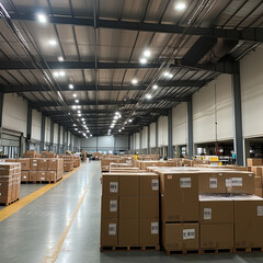 Industrial Warehouse with Modern Rows of Boxes and Storage